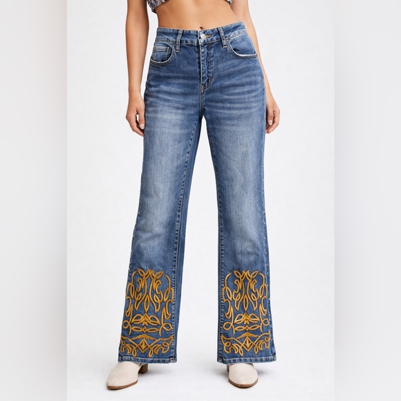 Denim - J044. Embroidered Blue Jeans